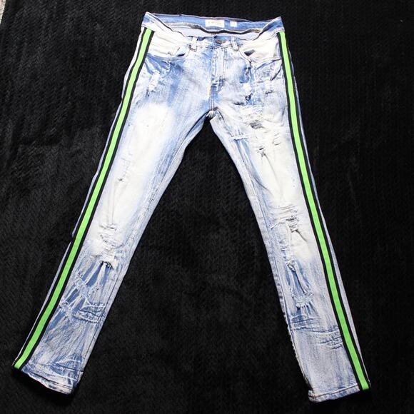 FWRD Denim Men’s Wild Distressed Jeans w/ Green Racing Stripes Sz 32 - Picture 7 of 8